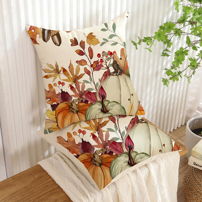 Herbst Kissenbezug 50x50 cm - 2er Set mit Kürbis & Blatt Muster
