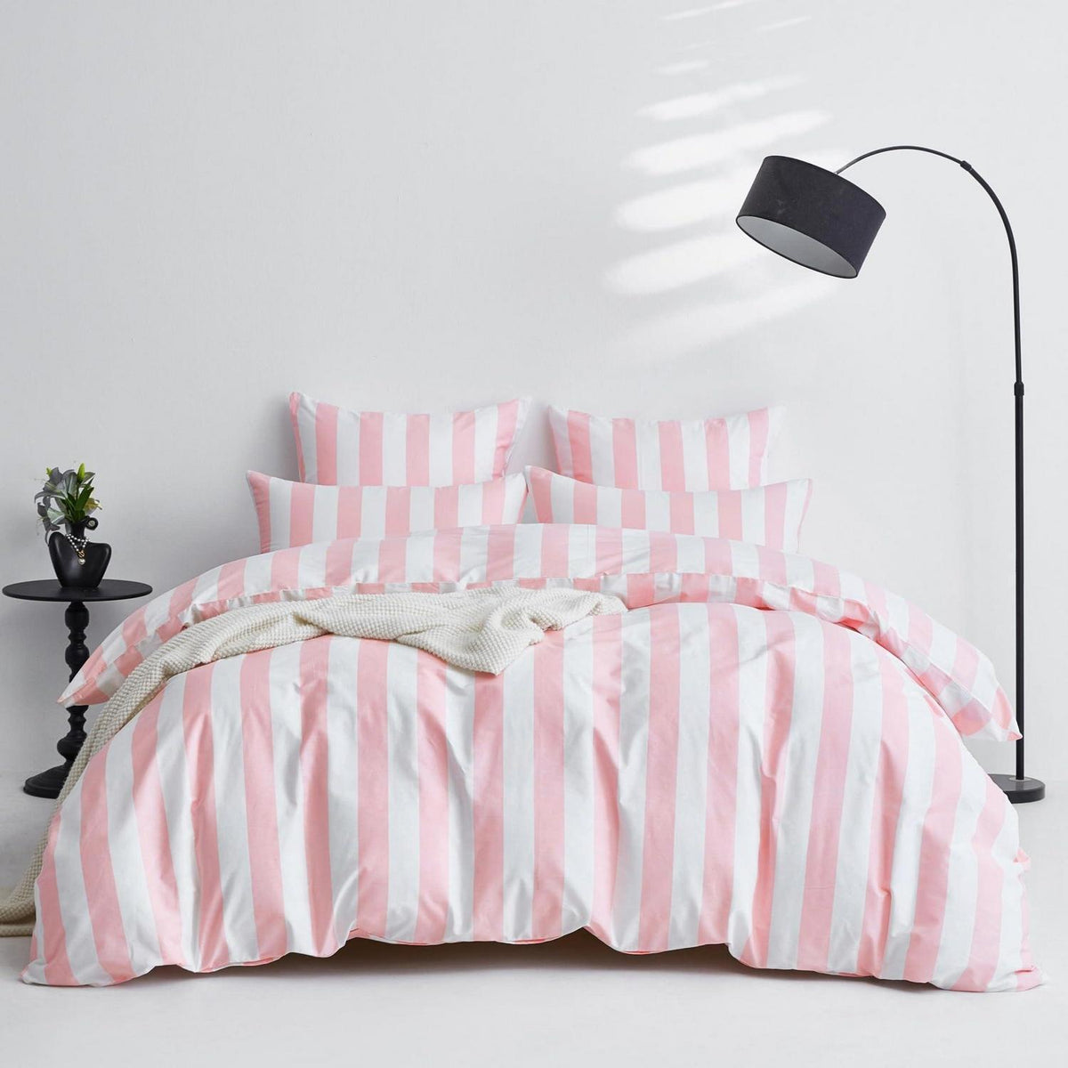 Baumwoll Bettwäsche Set 220x240 Rosa Weiß Gestreift