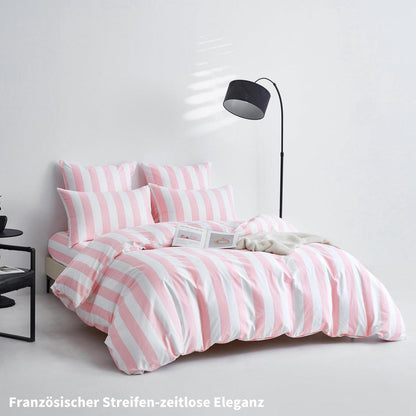 Baumwoll Bettwäsche Set 220x240 Rosa Weiß Gestreift