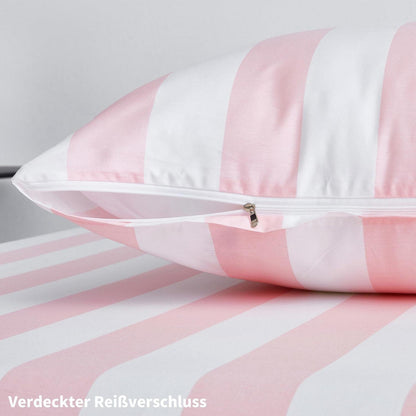Baumwoll Bettwäsche Set 220x240 Rosa Weiß Gestreift