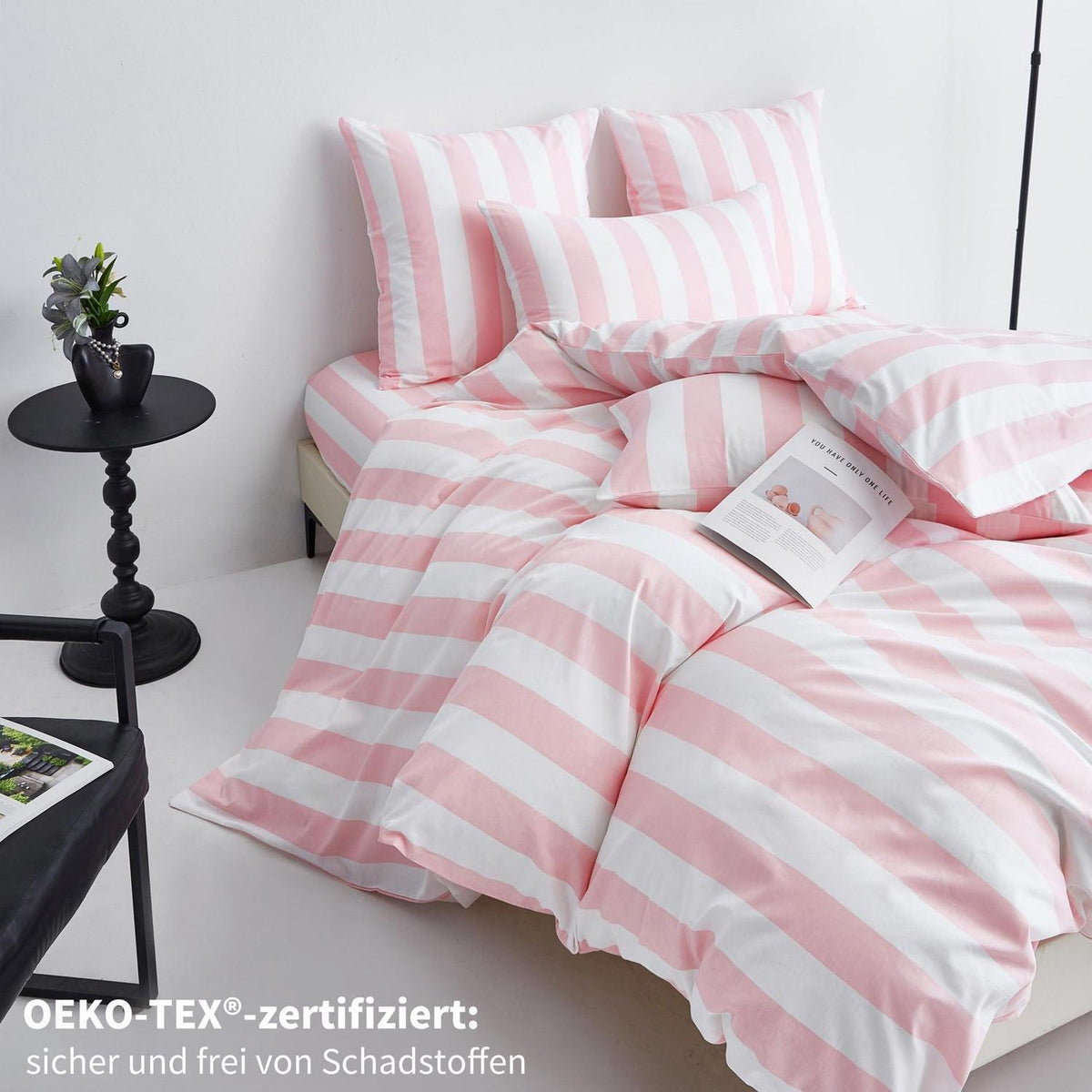 Baumwoll Bettwäsche Set 220x240 Rosa Weiß Gestreift