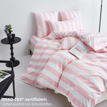 Baumwoll Bettwäsche Set 220x240 Rosa Weiß Gestreift