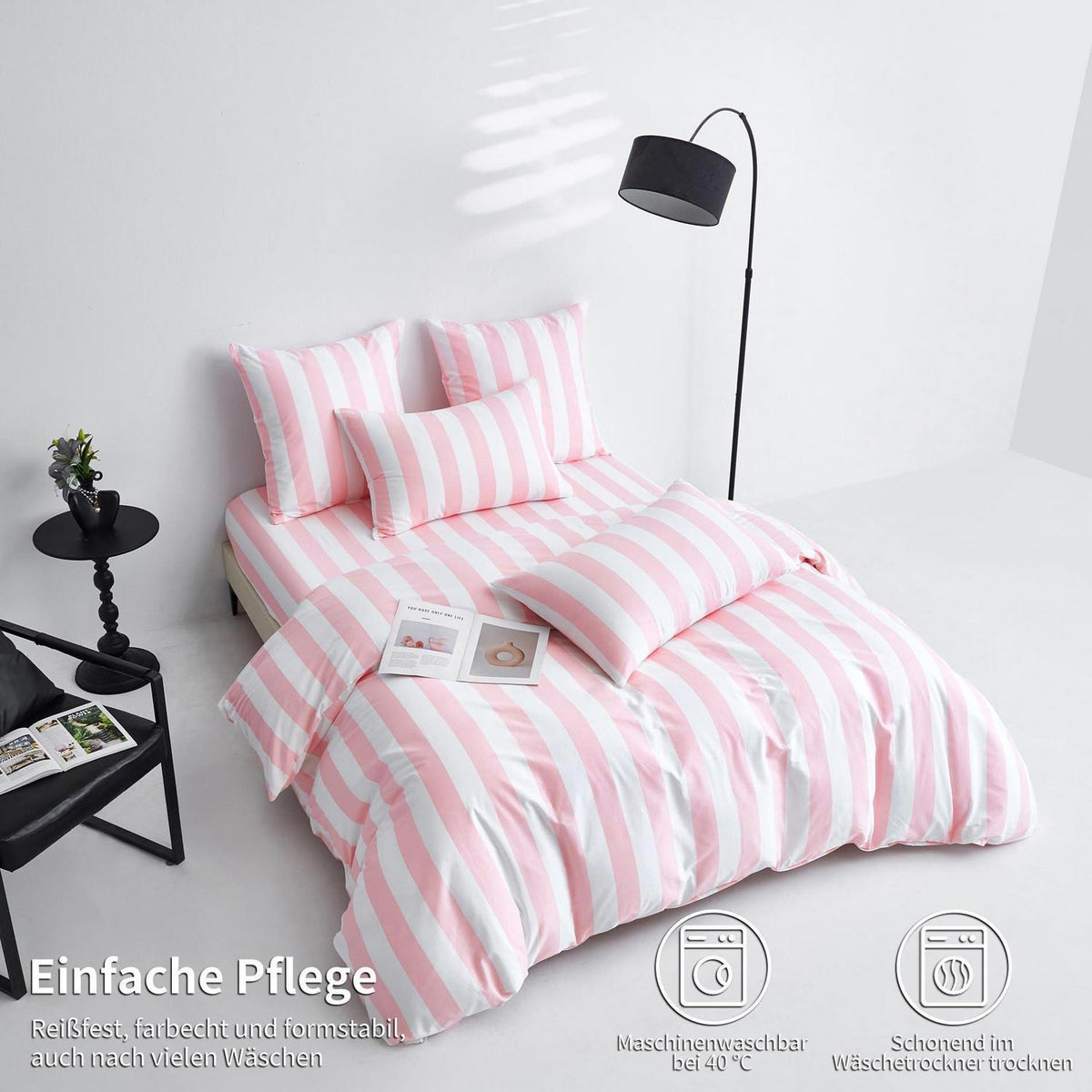 Baumwoll Bettwäsche Set 220x240 Rosa Weiß Gestreift