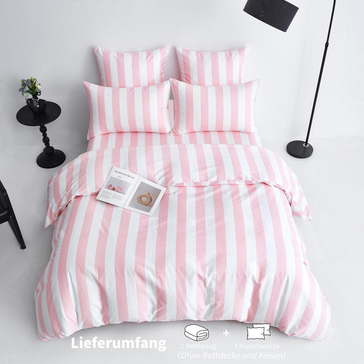 Baumwoll Bettwäsche Set 220x240 Rosa Weiß Gestreift