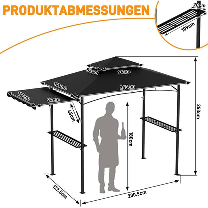 Grillpavillon mit Seitenmarkise & Doppeldach – BBQ Überdachung Schwarz