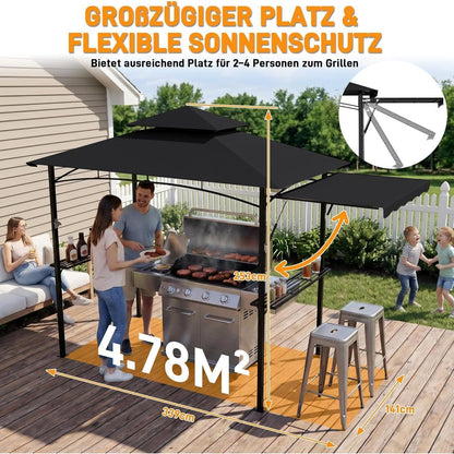 Grillpavillon mit Seitenmarkise & Doppeldach – BBQ Überdachung Schwarz