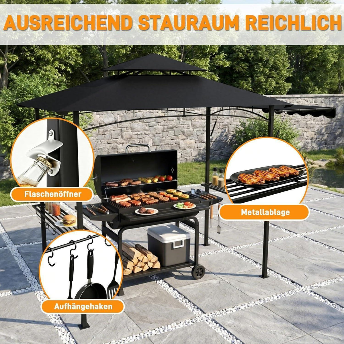 Grillpavillon mit Seitenmarkise & Doppeldach – BBQ Überdachung Schwarz