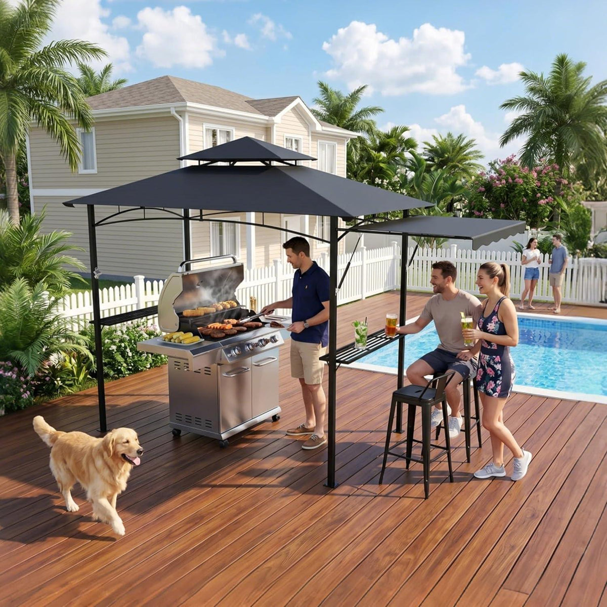 Grillpavillon mit Seitenmarkise & Doppeldach – Grau