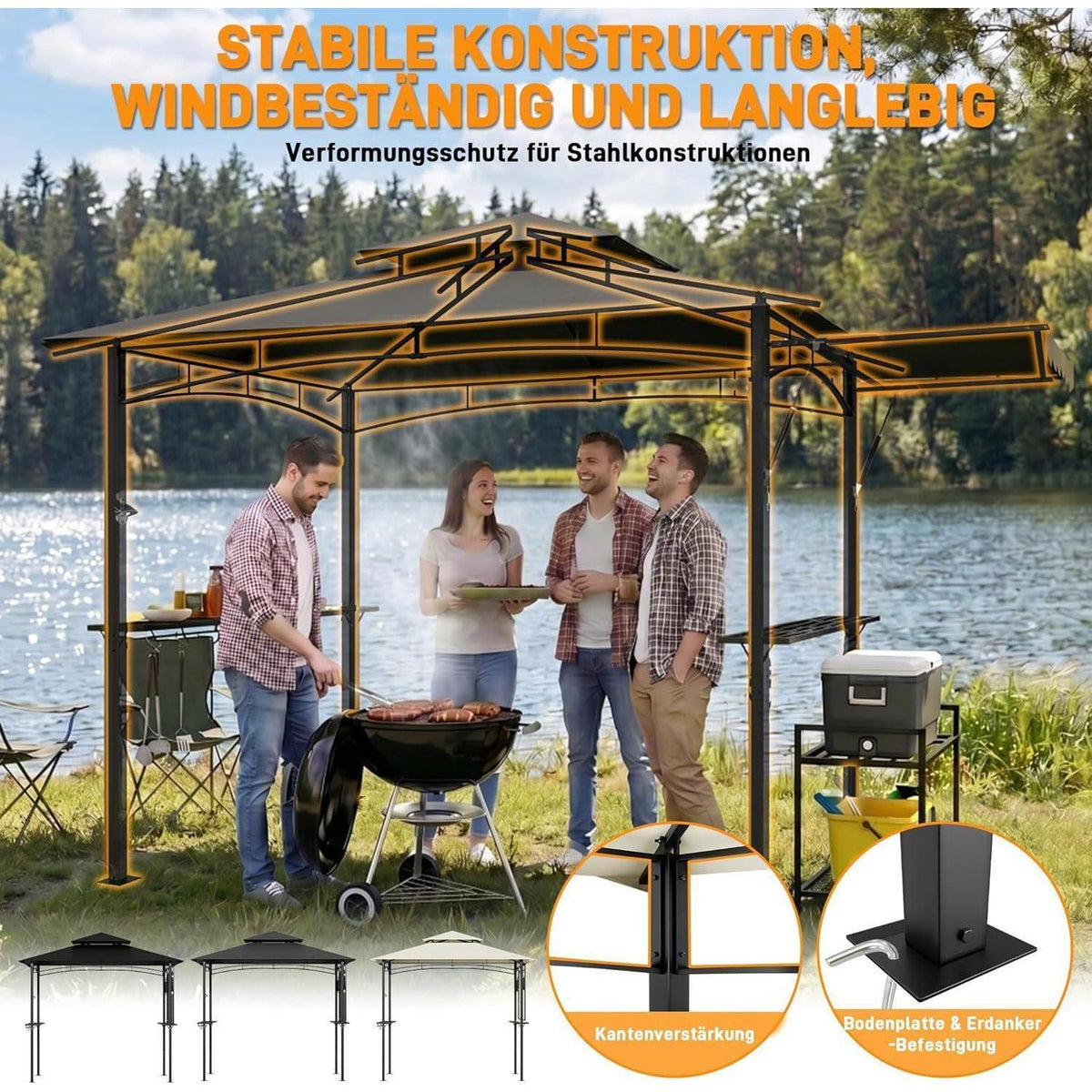 Grillpavillon mit Seitenmarkise & Doppeldach – Grau