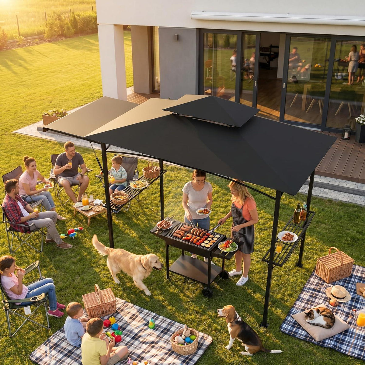 Grillpavillon mit Seitenmarkise & Doppeldach – Grau