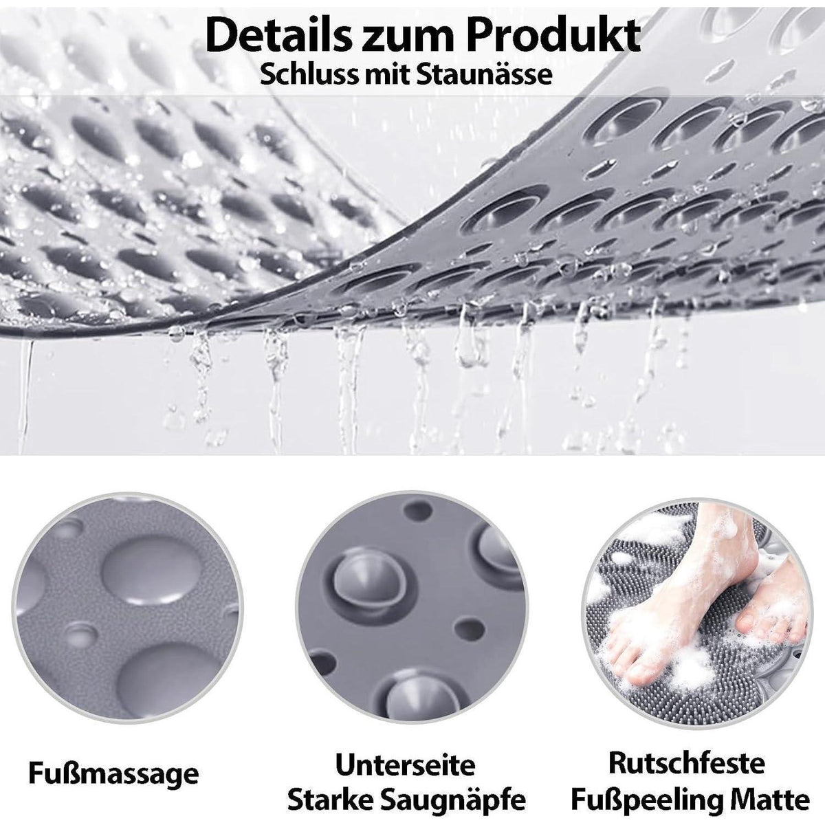 Rutschfeste Duschmatte Grau 50x80 cm mit Saugnäpfen