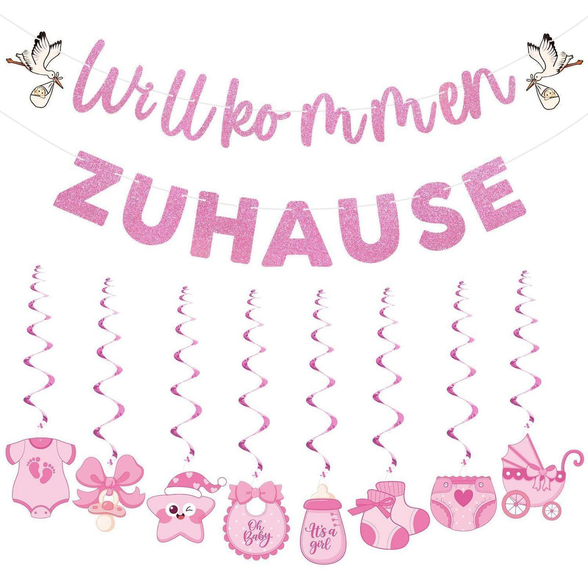 Willkommen Zuhause Baby Mädchen Deko Set Rosa Girlande & Spiralen