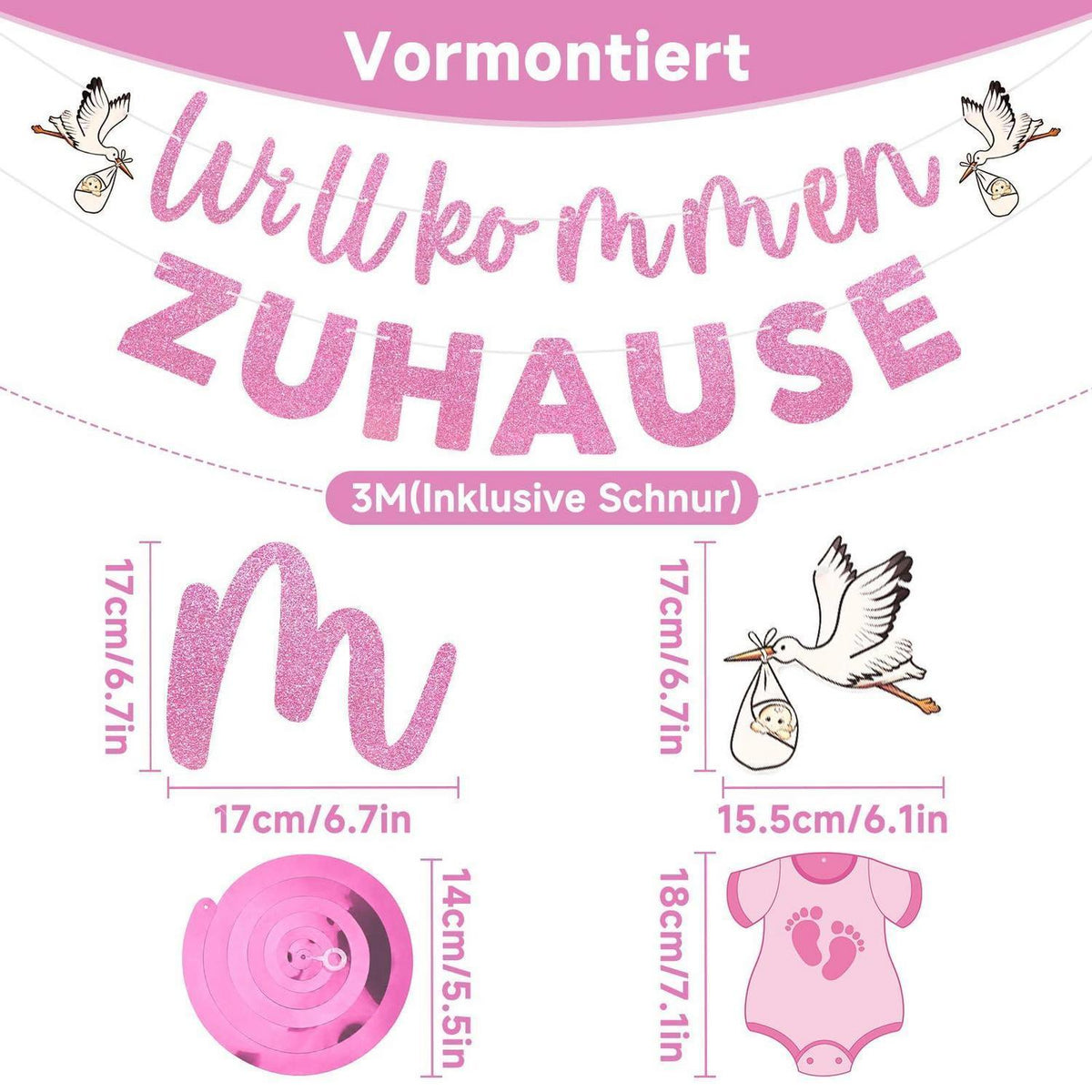 Willkommen Zuhause Baby Mädchen Deko Set Rosa Girlande & Spiralen