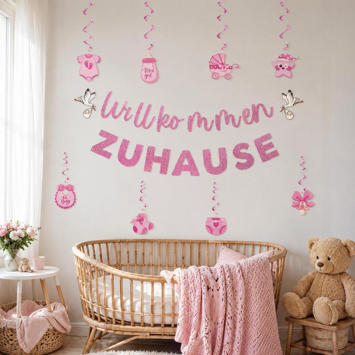 Willkommen Zuhause Baby Mädchen Deko Set Rosa Girlande & Spiralen