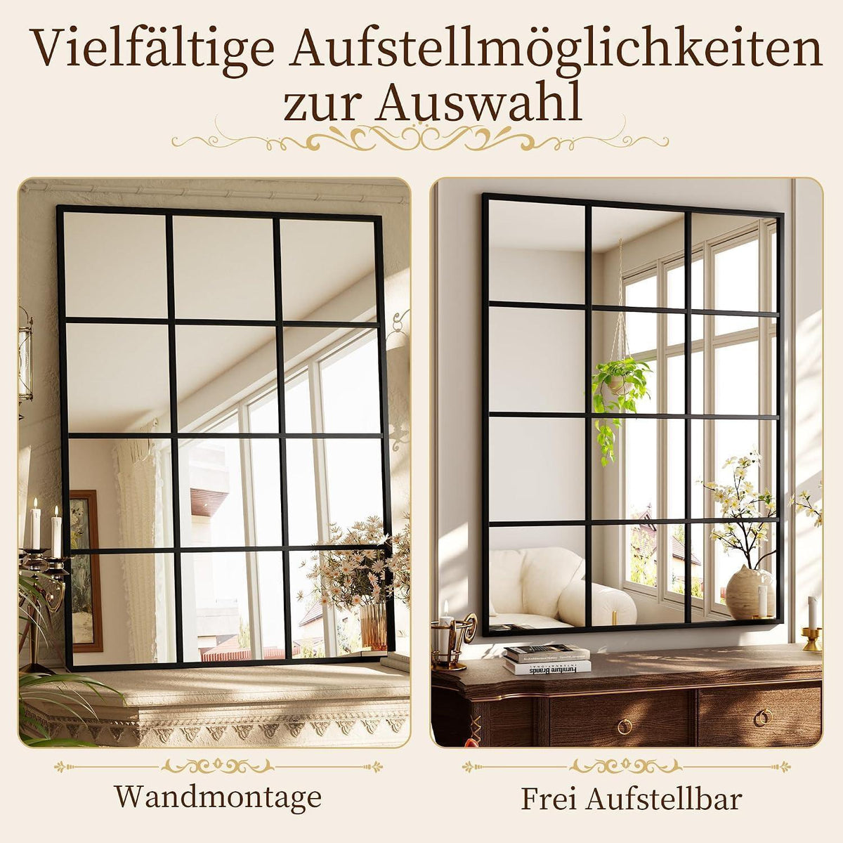 Rechteckiger Wandspiegel mit Gitter, Schwarz 100x75 cm