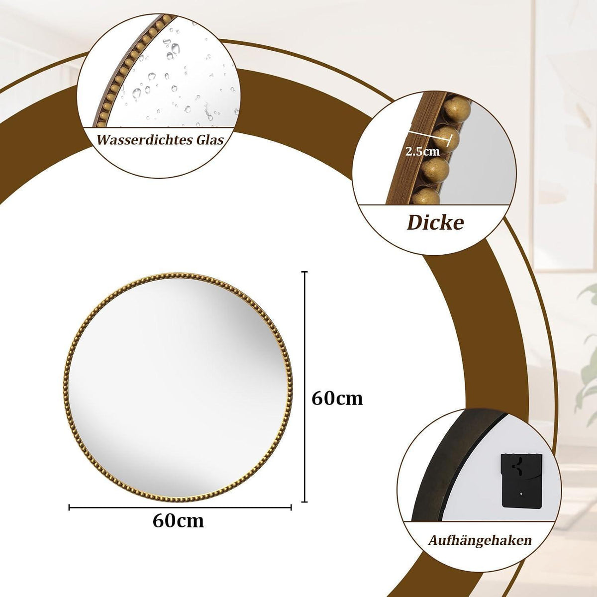 Runder Wandspiegel 60cm mit Gold Perlenrahmen – Retro Deko Spiegel