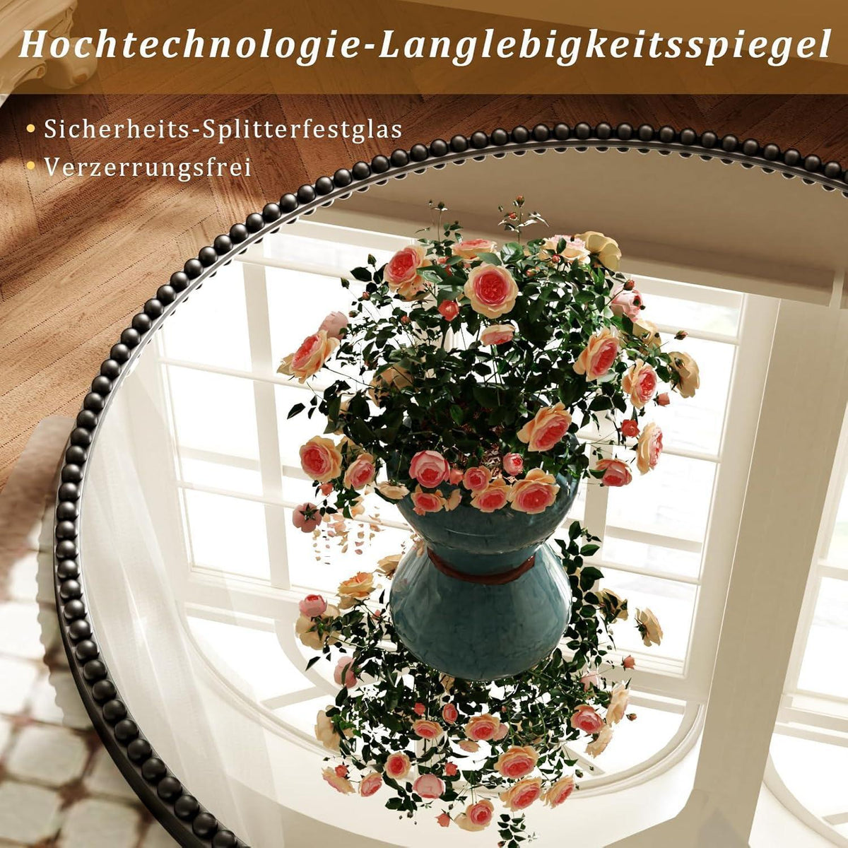 Runder Wandspiegel 60cm mit PU-Perlenrahmen Schwarz – Retro Deko