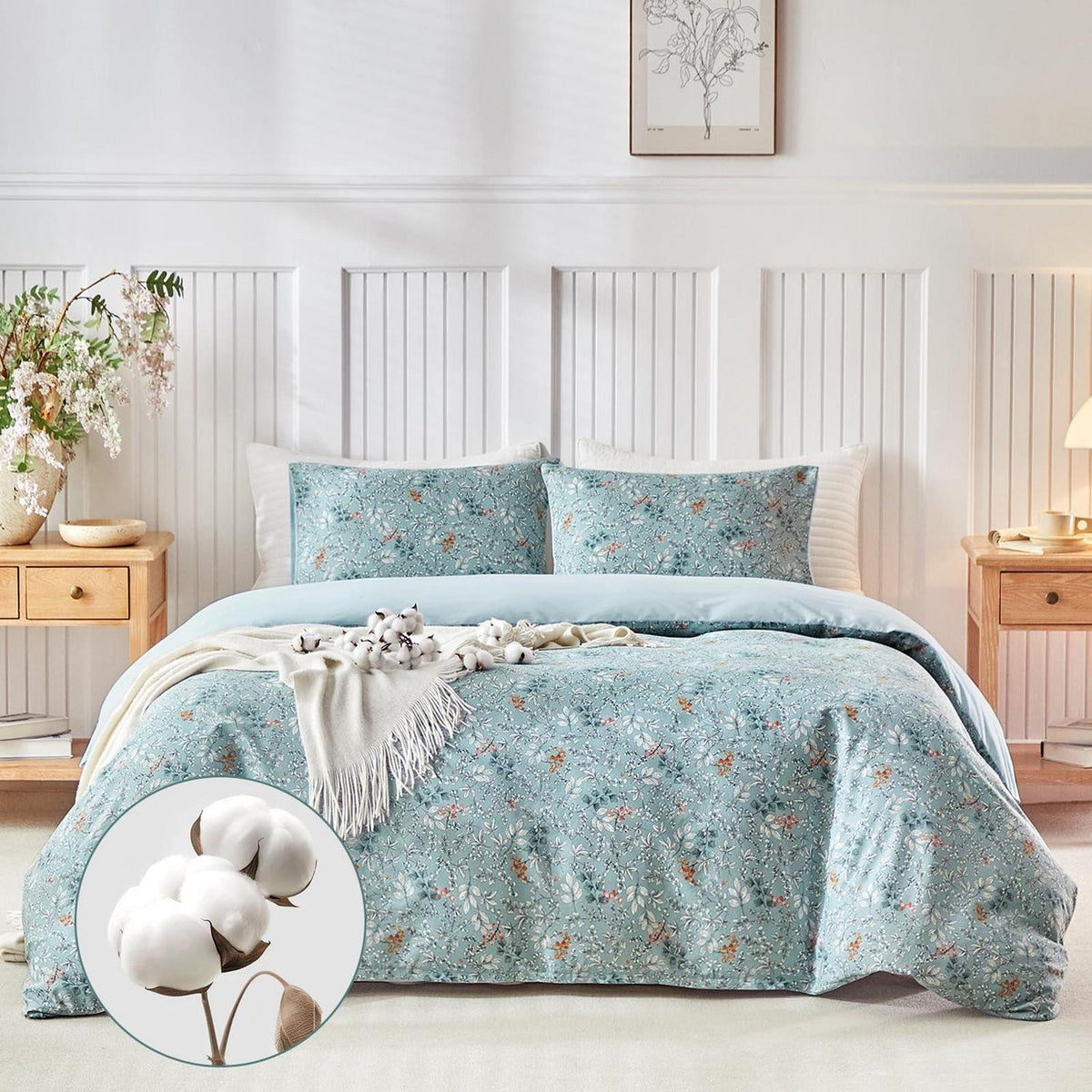 Baumwoll Bettbezug Set 240x220 cm, Blumenmuster Hellblau
