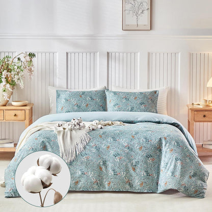 Baumwoll Bettbezug Set 240x220 cm, Blumenmuster Hellblau