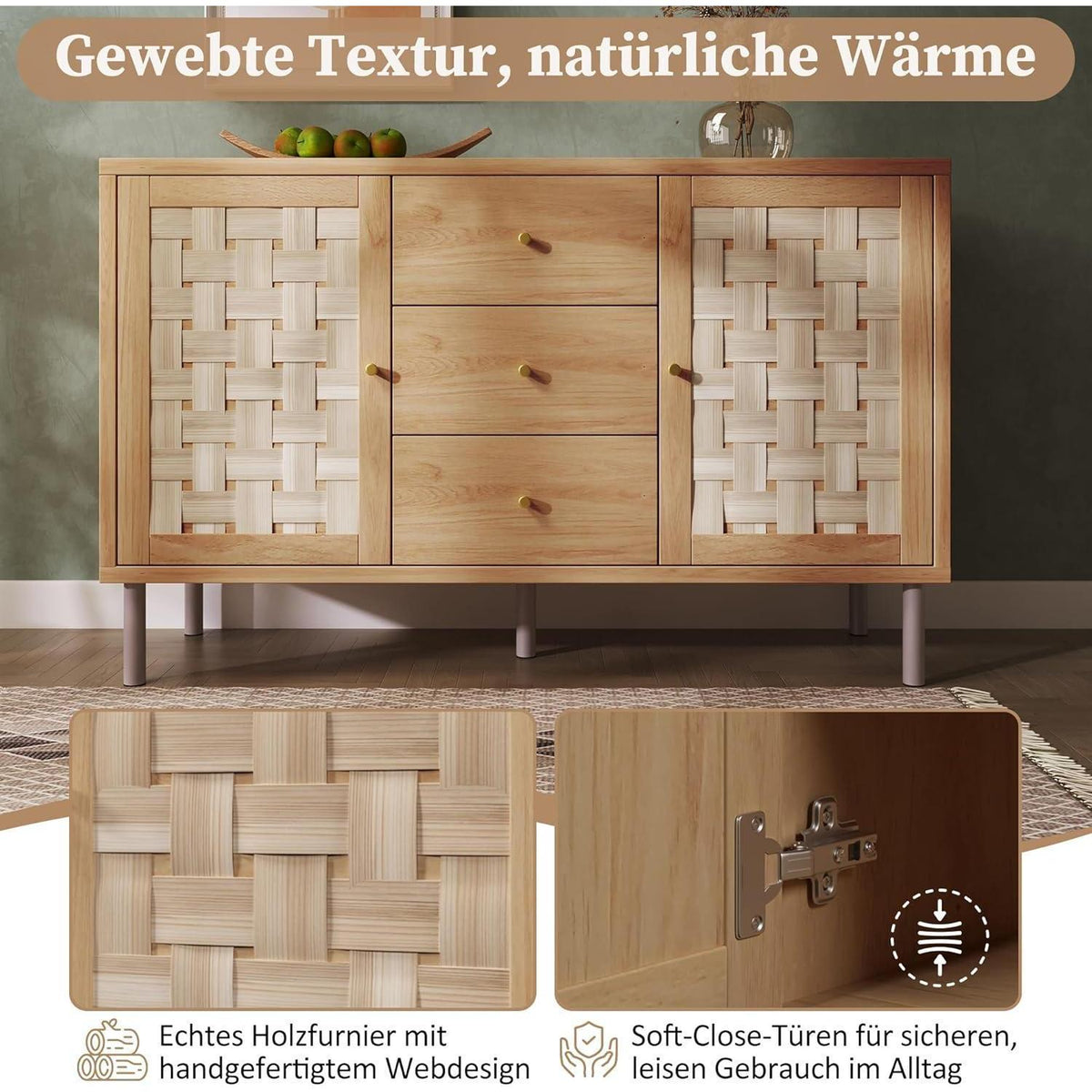 Sideboard Eiche mit 2 Türen & 3 Schubladen – Flexibel & Stabil