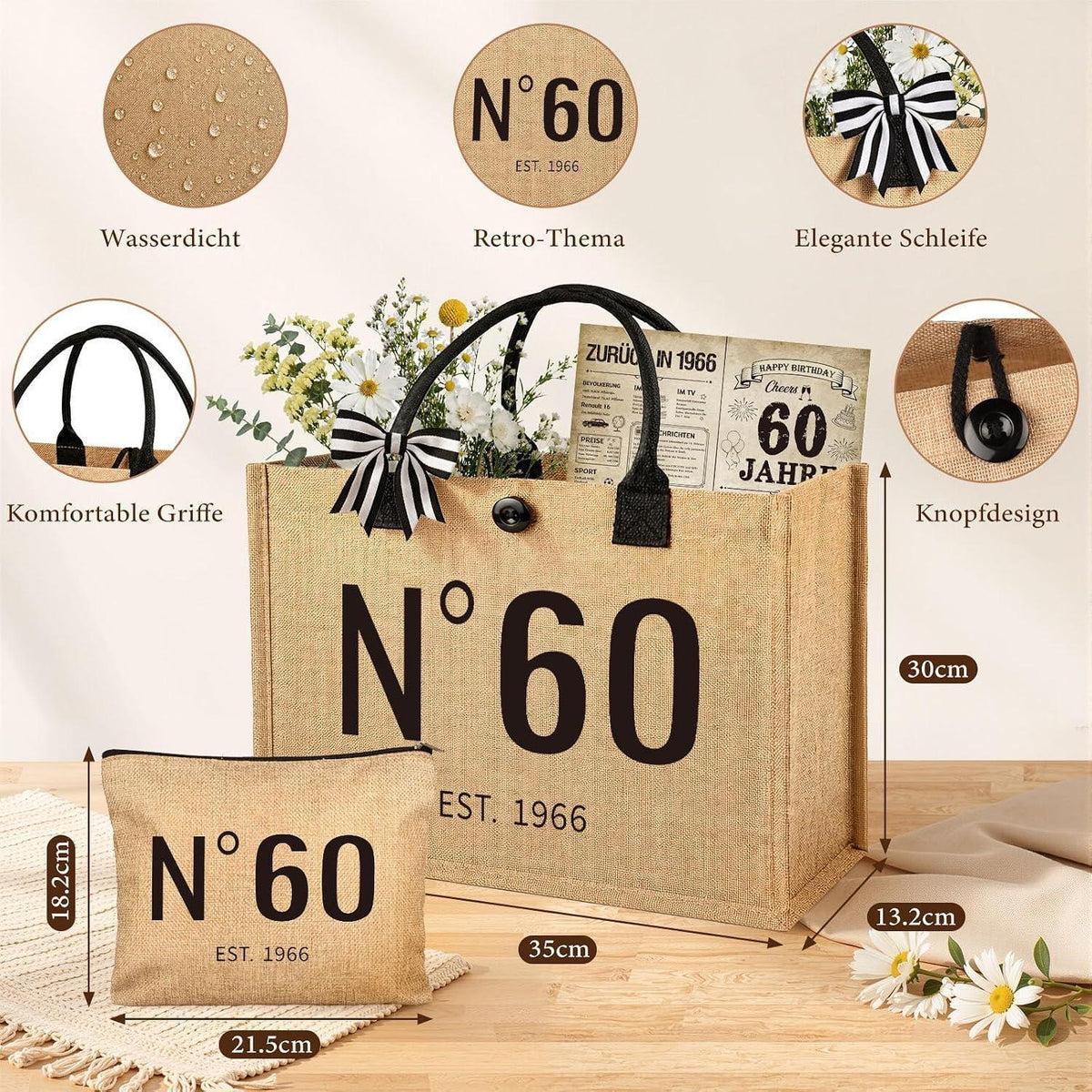 60. Geburtstag Geschenkset Vintage 1966 für Frau mit Tasche