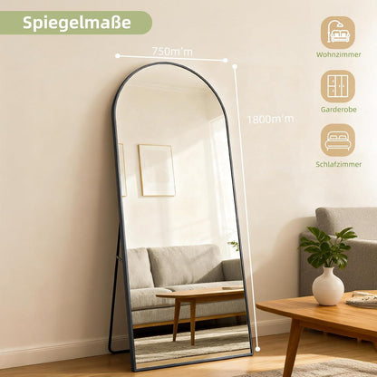 Großer Bogenförmiger Standspiegel – Schwarz 180x75cm, Sicherheitsglas