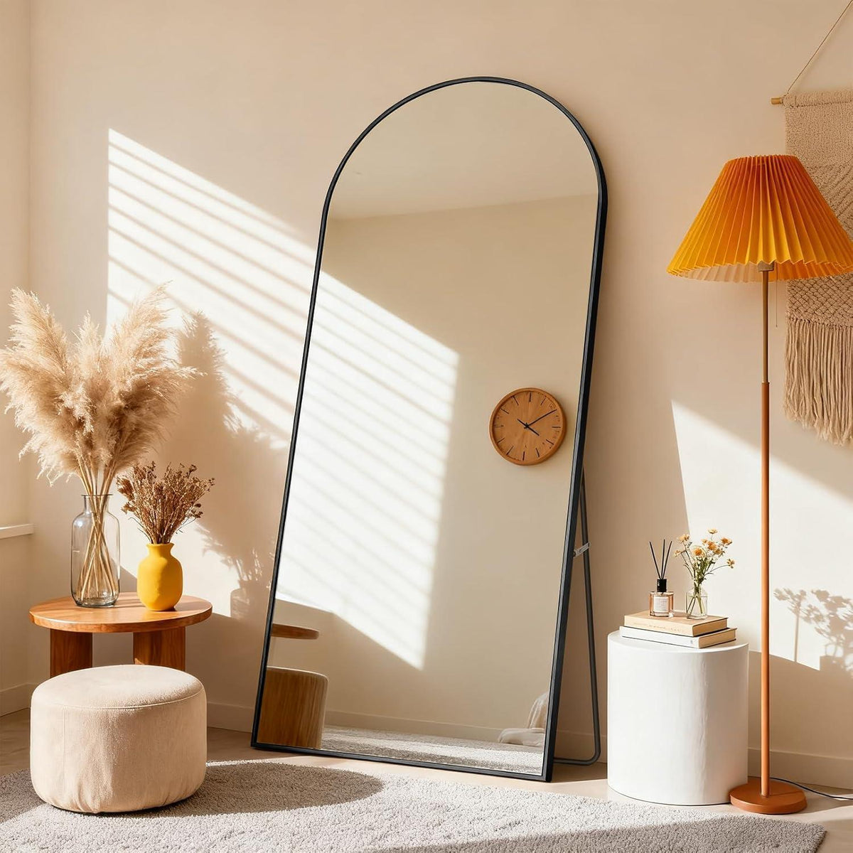 Großer Bogenförmiger Standspiegel – Schwarz 180x75cm, Sicherheitsglas