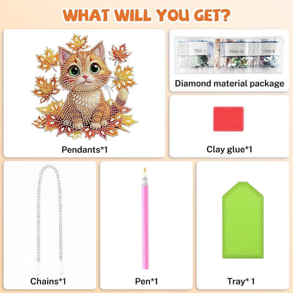 Diamantmalerei Anhänger Katze Ahornblatt – DIY Fensterbild für Herbst
