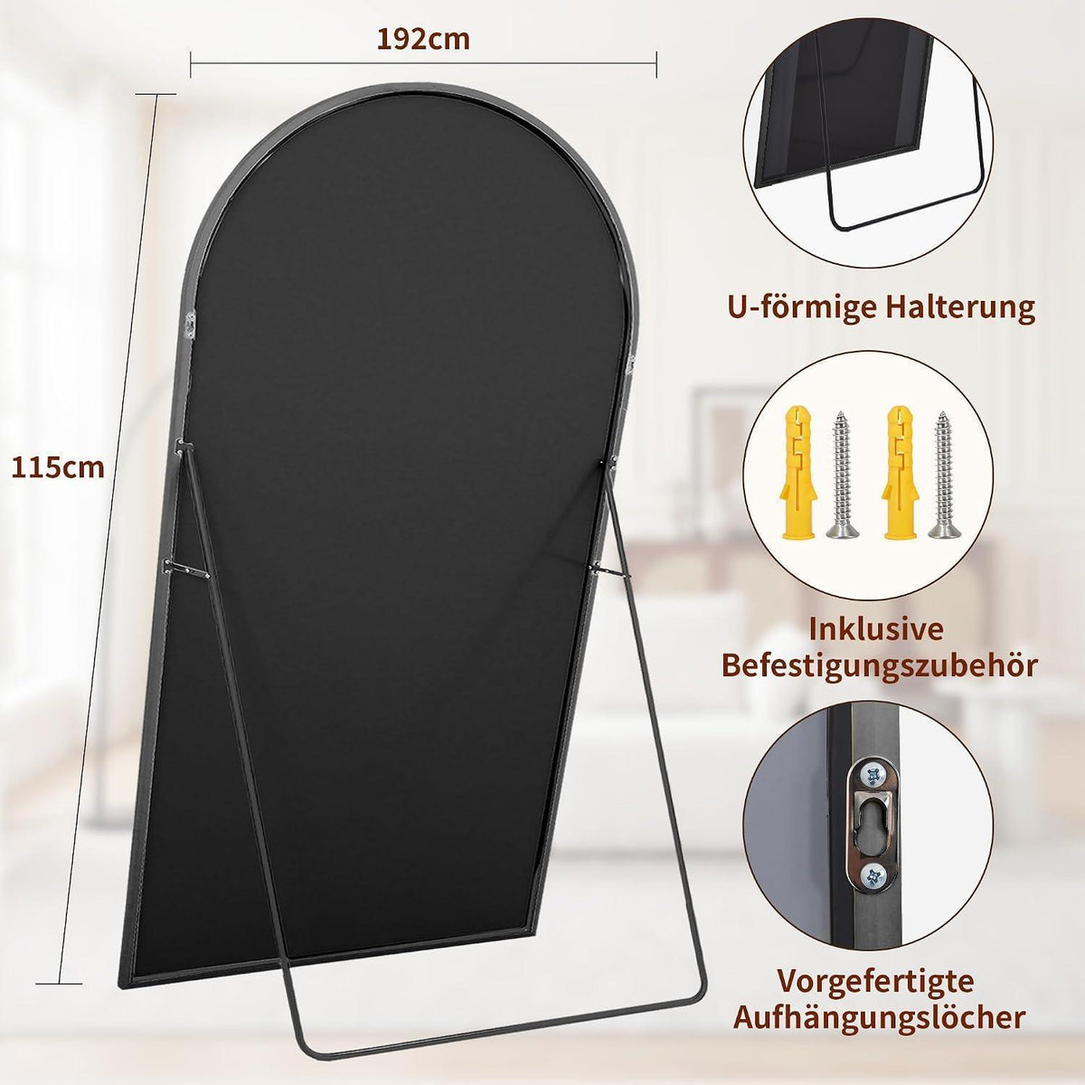 Großer Bogen-Standspiegel 192x115 cm – Steh- & Wandspiegel Schwarz