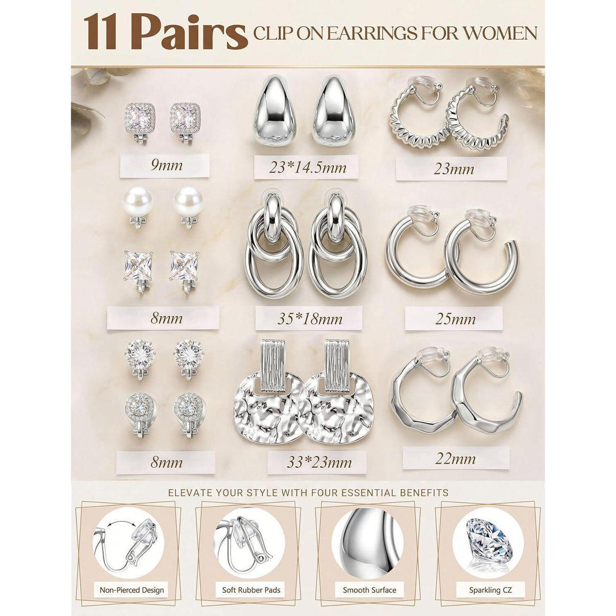 11 Paar Ohrclips Damen Ohne Ohrlöcher – Zirkonia & 14K Gold Optik