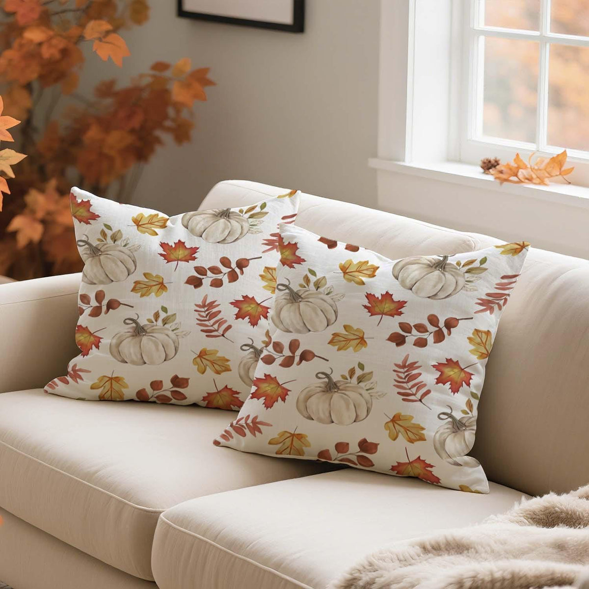 Herbst Kissenbezug 40x40 - 2er Set Kürbis & Blätter Orange