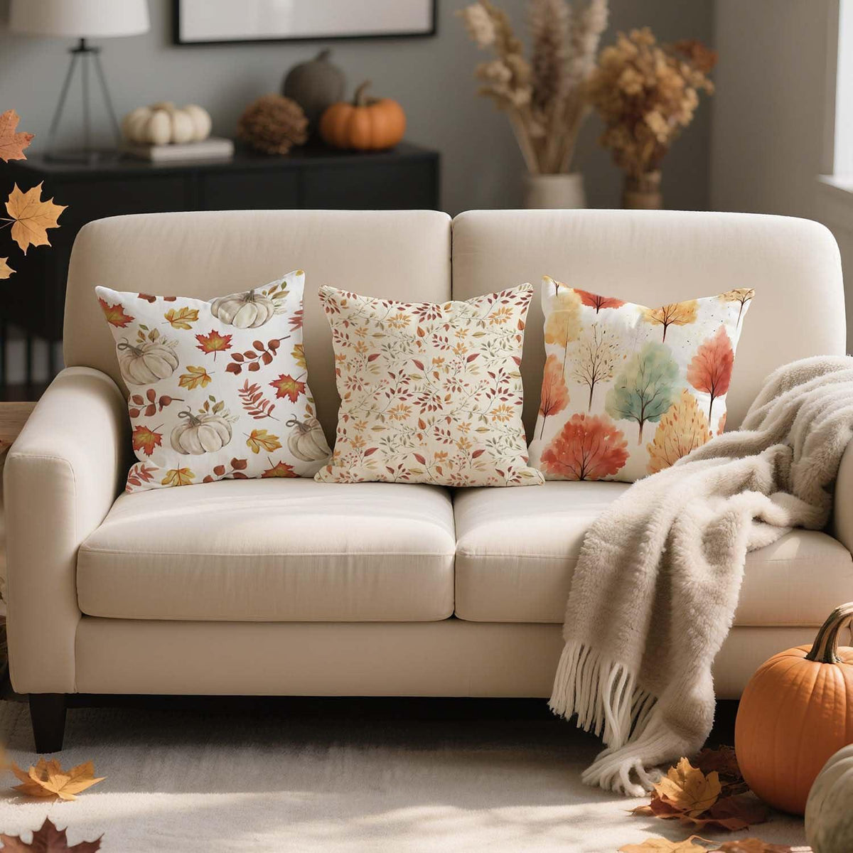 Herbst Kissenbezug 40x40 - 2er Set Kürbis & Blätter Orange