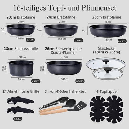 16-teiliges Pfannenset Antihaft, Abnehmbare Griffe & Platzsparend