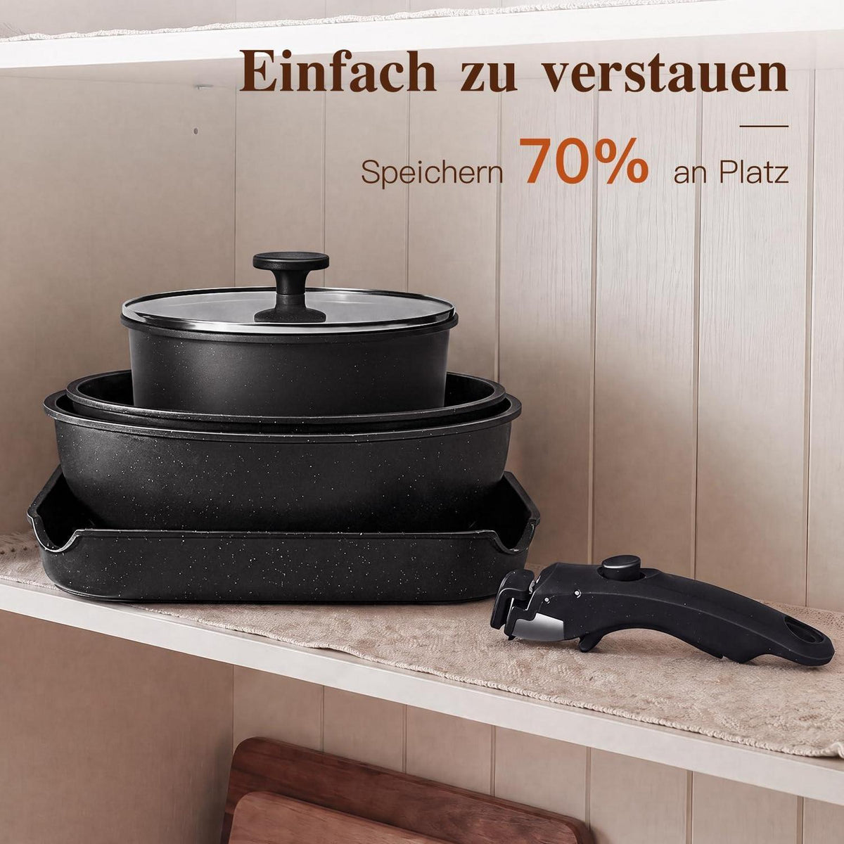 11-teiliges Pfannenset Antihaft, Abnehmbare Griffe & Platzsparend