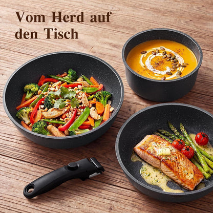 11-teiliges Pfannenset Antihaft, Abnehmbare Griffe & Platzsparend
