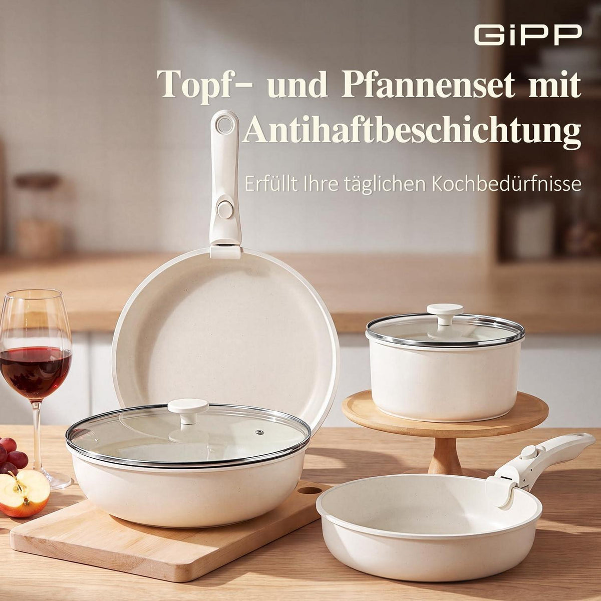 19-teiliges Pfannenset Antihaft, Abnehmbare Griffe Weiß