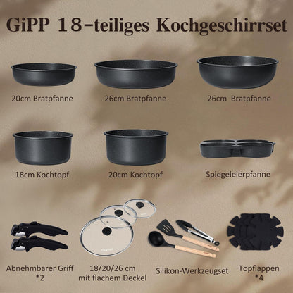 18-teiliges Pfannenset Antihaft, abnehmbare Griffe & platzsparend