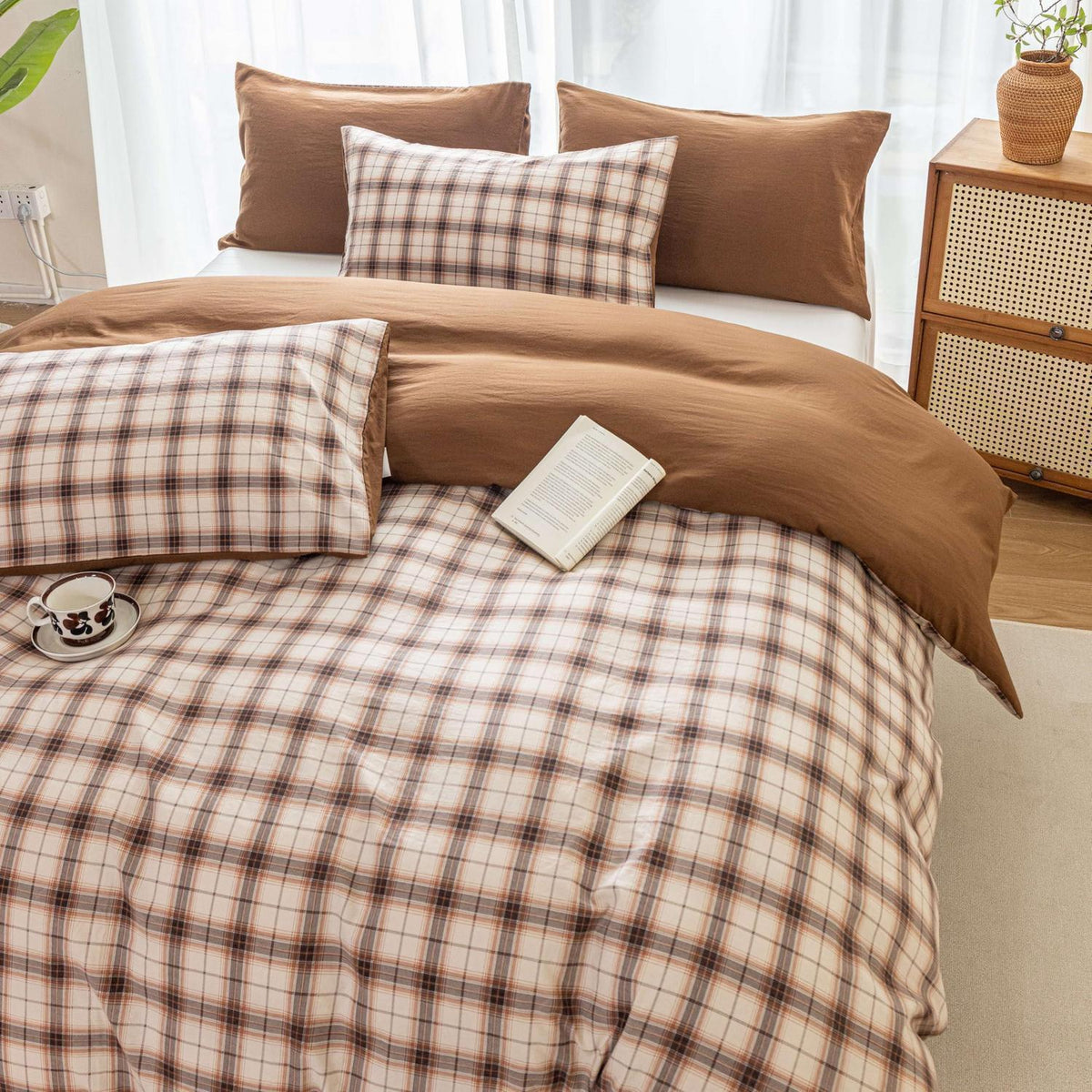 Karierte Bettwäsche 135x200 4-teilig Khaki Mikrofaser