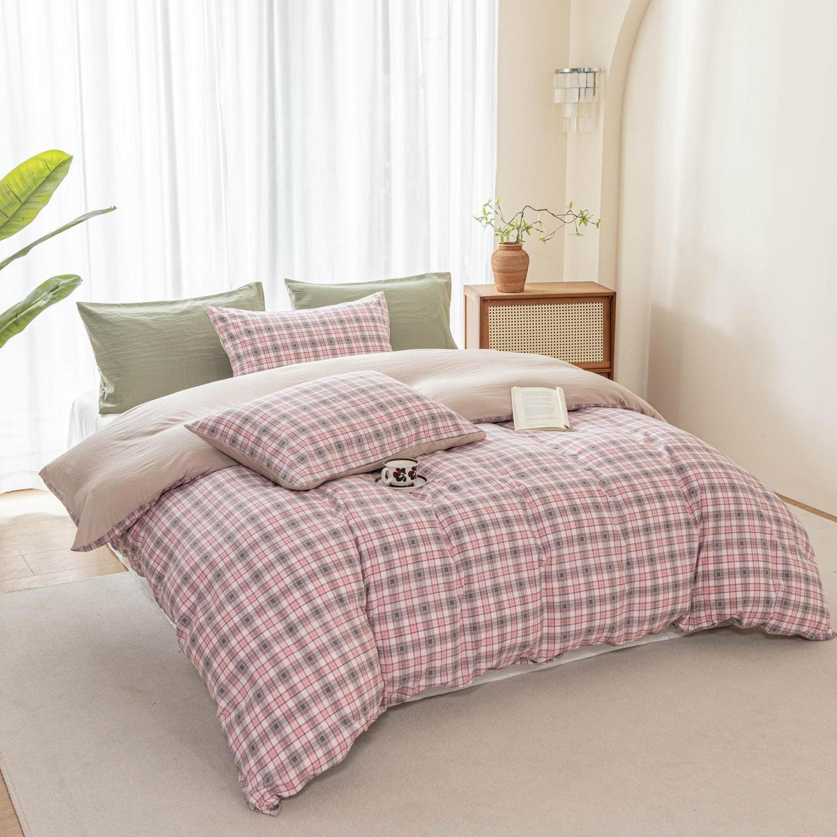Karierte Bettwäsche-Set 135x200 Rosa | 4-teilig, Landhausstil