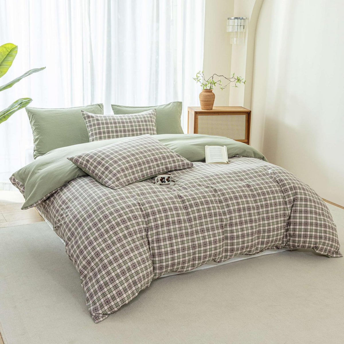Karierte Bettwäsche 135x200, 4-teilig, Grünes Karomuster, Landhausstil
