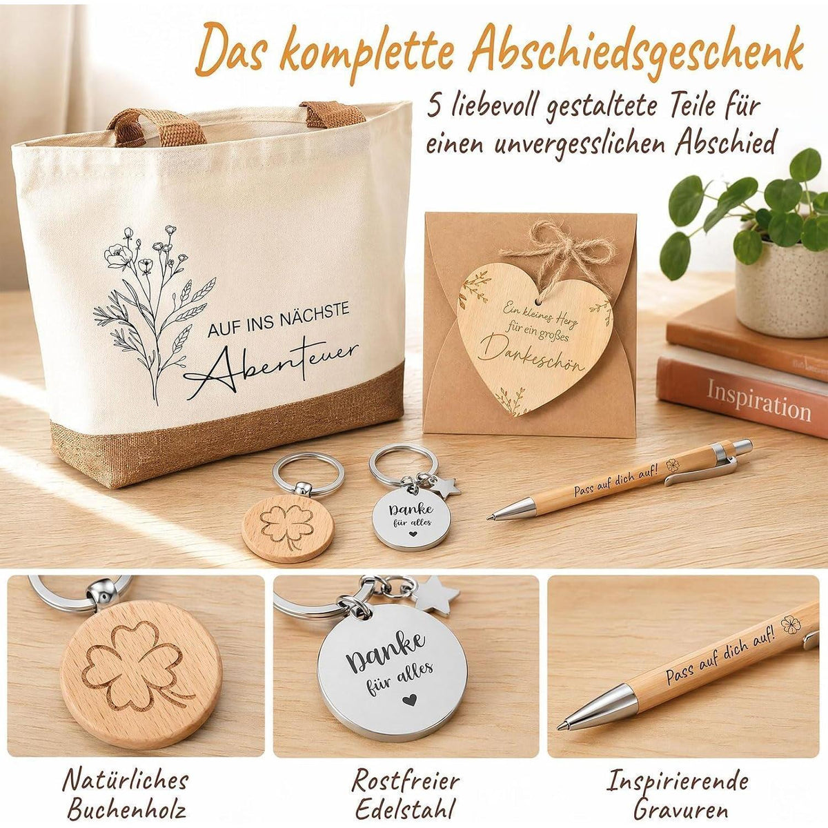Abschiedsgeschenk Kollegin Set – 5-teilig mit Jute Tasche & Herz Notizbuch