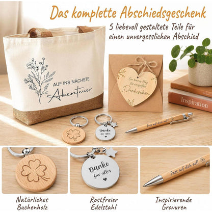 Abschiedsgeschenk Kollegin Set – 5-teilig mit Jute Tasche & Herz Notizbuch