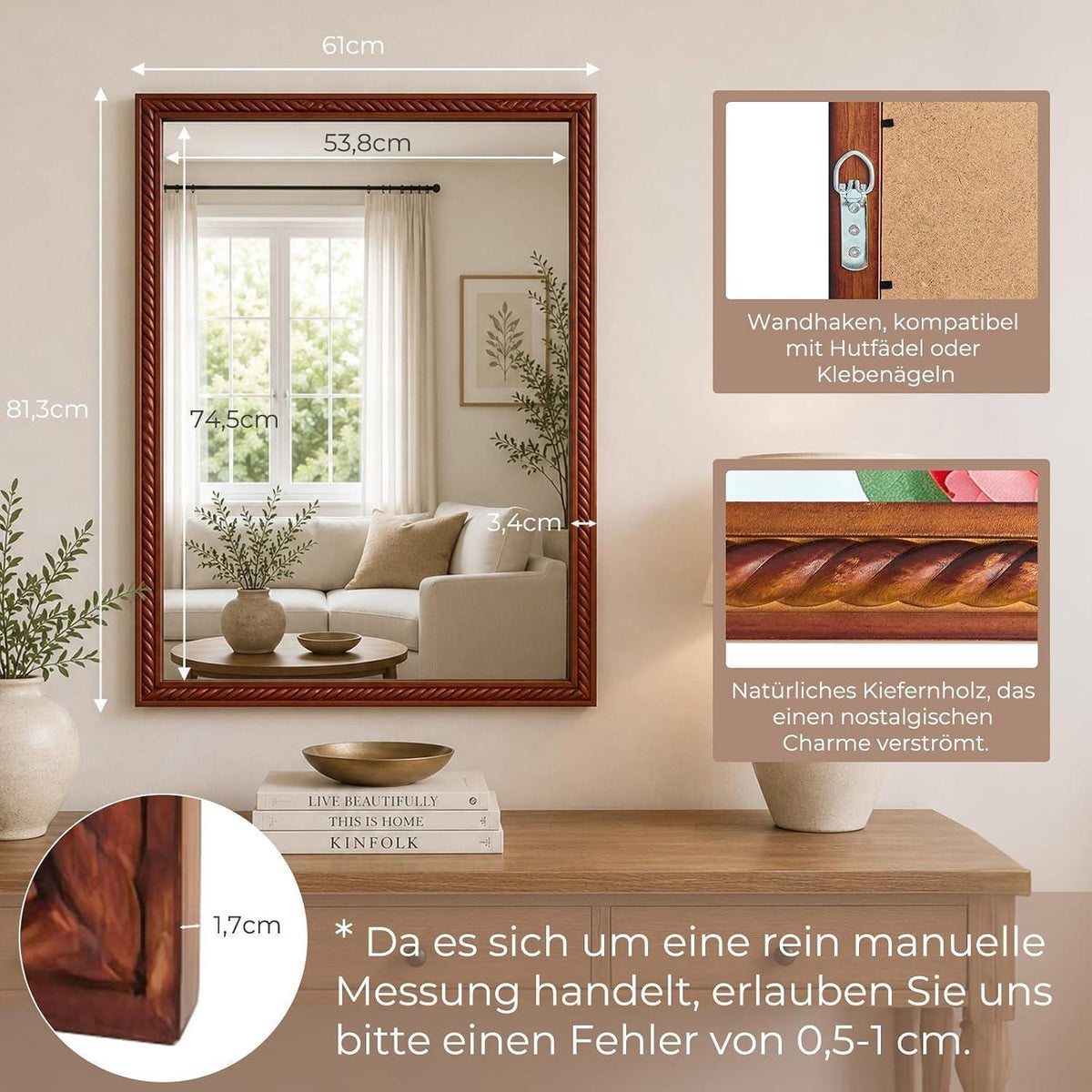 Rustikaler Wandspiegel Holzrahmen 61x81cm – Braun