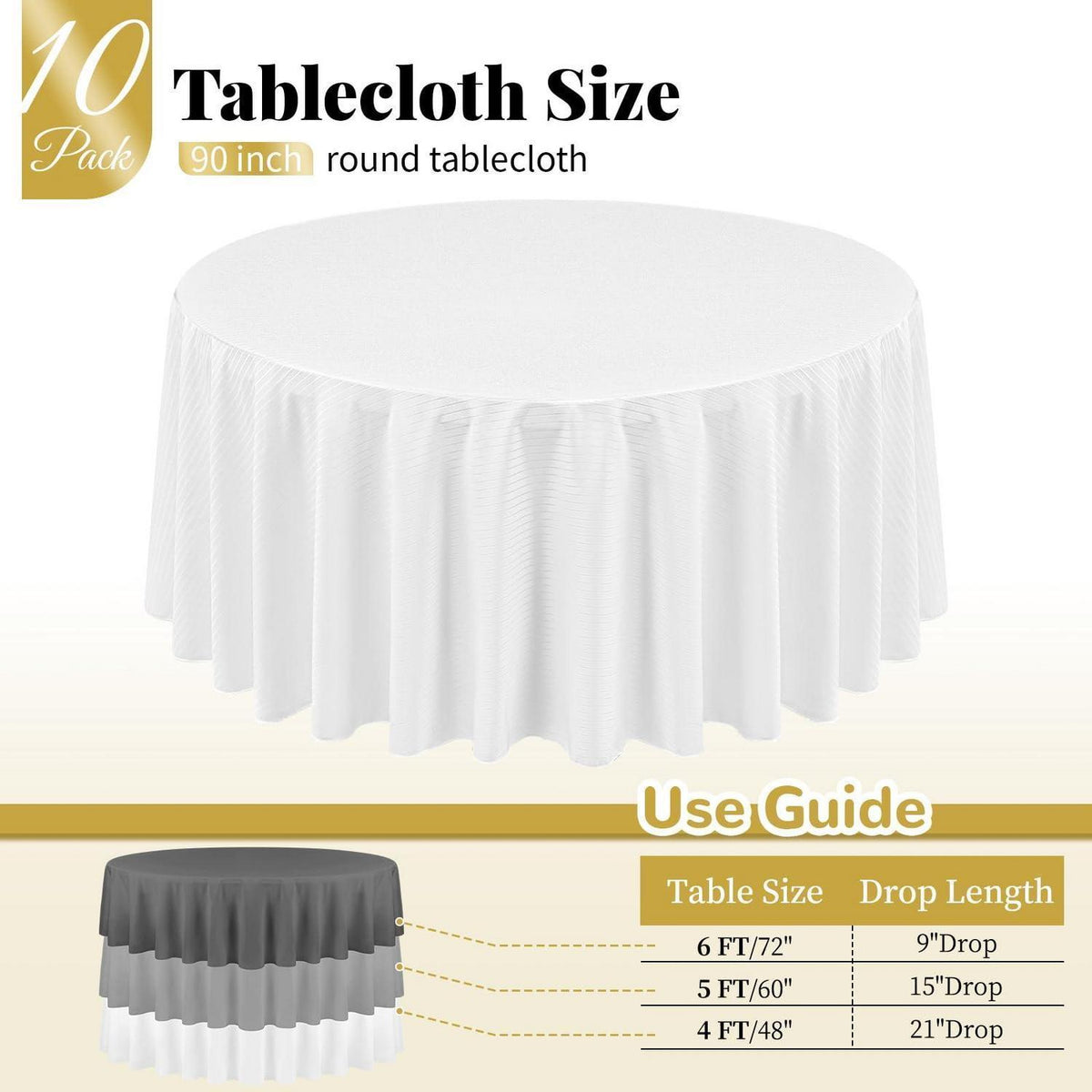 10x Runde Tischdecke weiß gestreift, 228cm – Waschbar & Wiederverwendbar