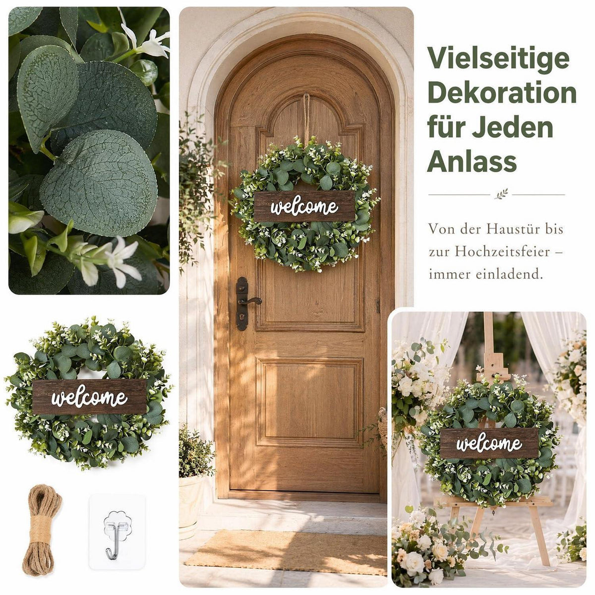 Eukalyptus Kranz mit "Willkommen" Schild | Ø45cm Frühling Deko