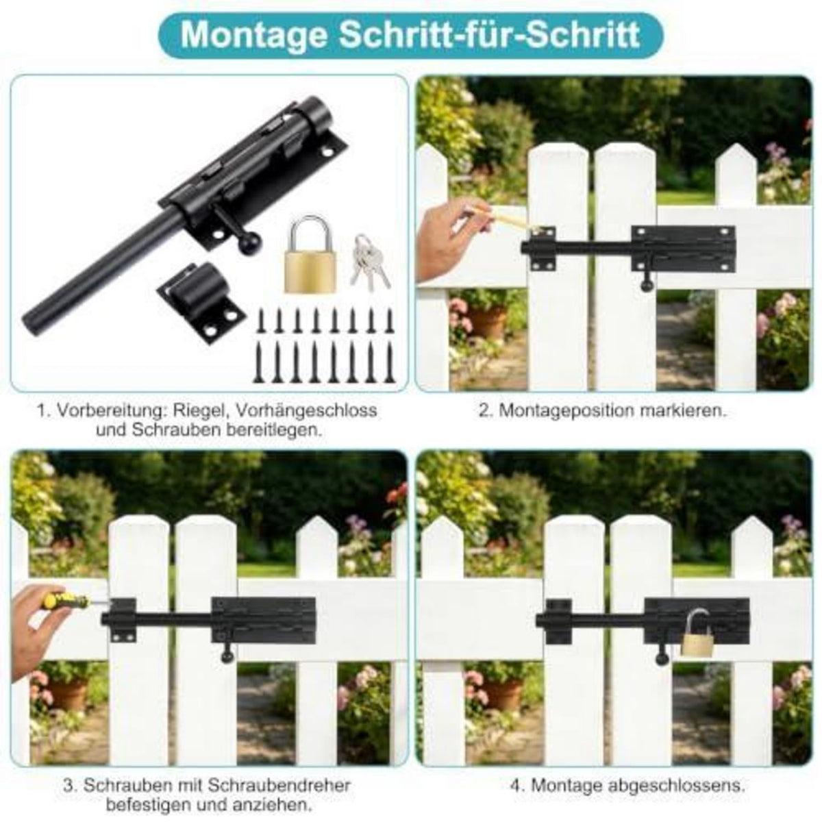 Edelstahl Türriegel 195mm mit Vorhängeschloss & Schrauben
