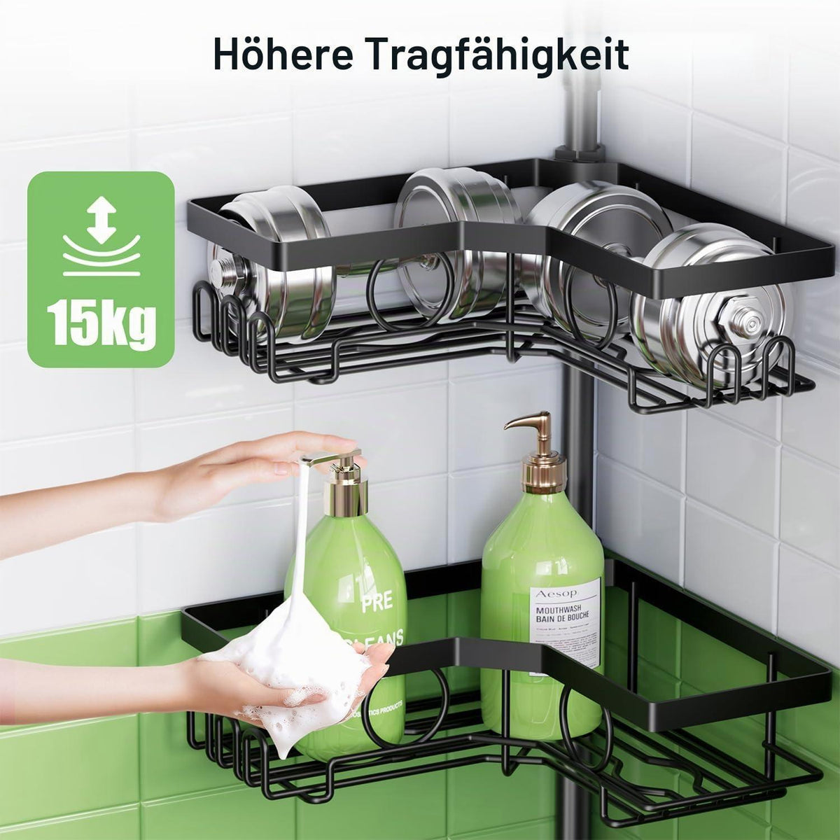 Teleskop Duschablage ohne Bohren – Höhenverstellbares Badregal Schwarz