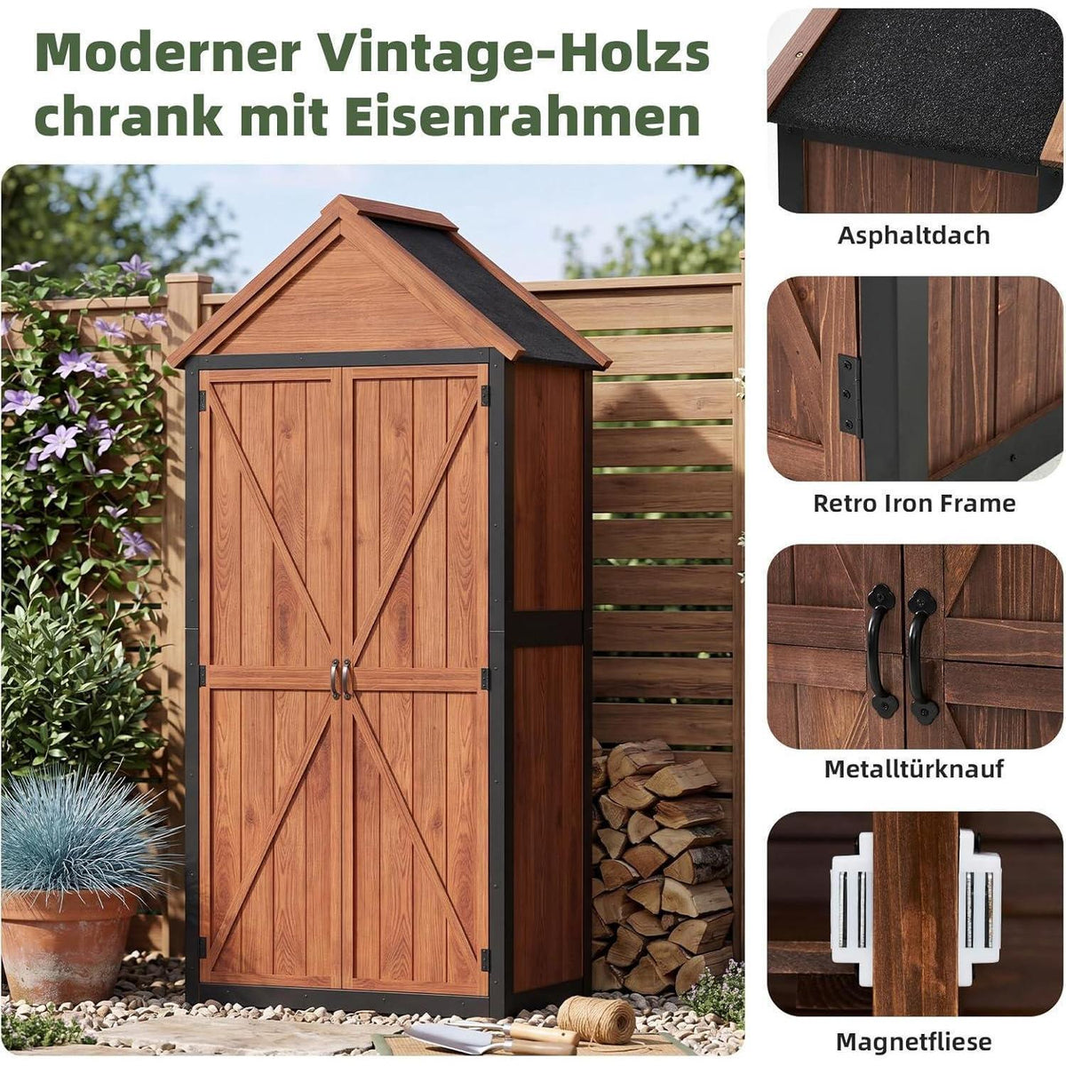 Gartenhaus Holz mit 3 Böden & Asphaltdach – Wetterfester Gartenschrank