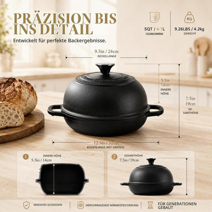 Gusseisen Dutch Oven Schwarz 4.7L Brotbacken & Schmoren