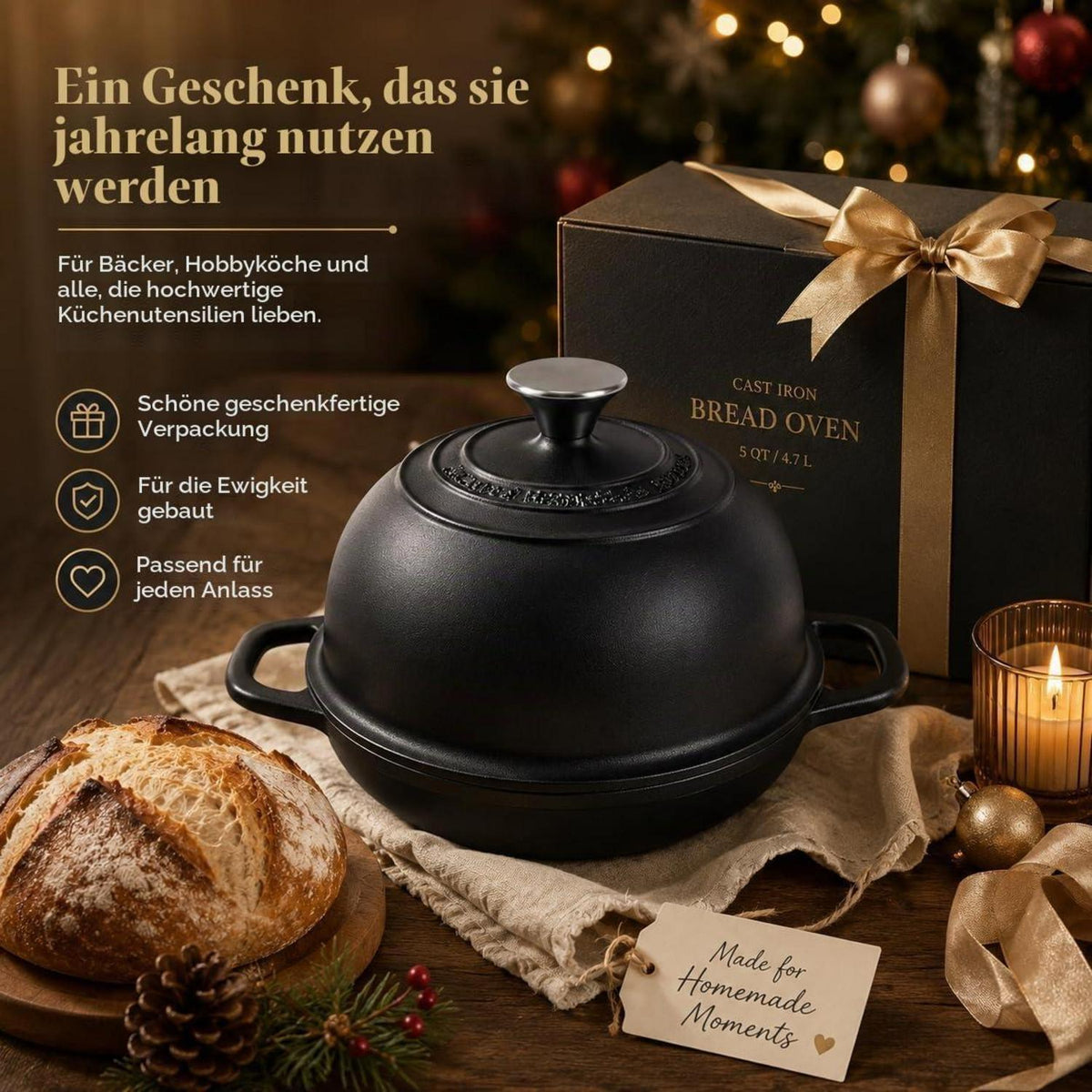Gusseisen Dutch Oven Schwarz 4.7L Brotbacken & Schmoren